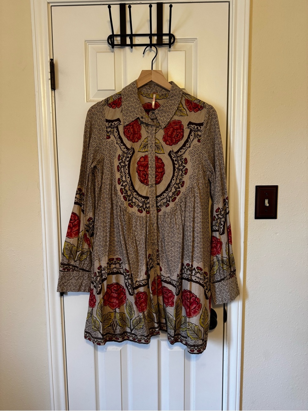 Free People Floral Print Tunic Top - Red and Green